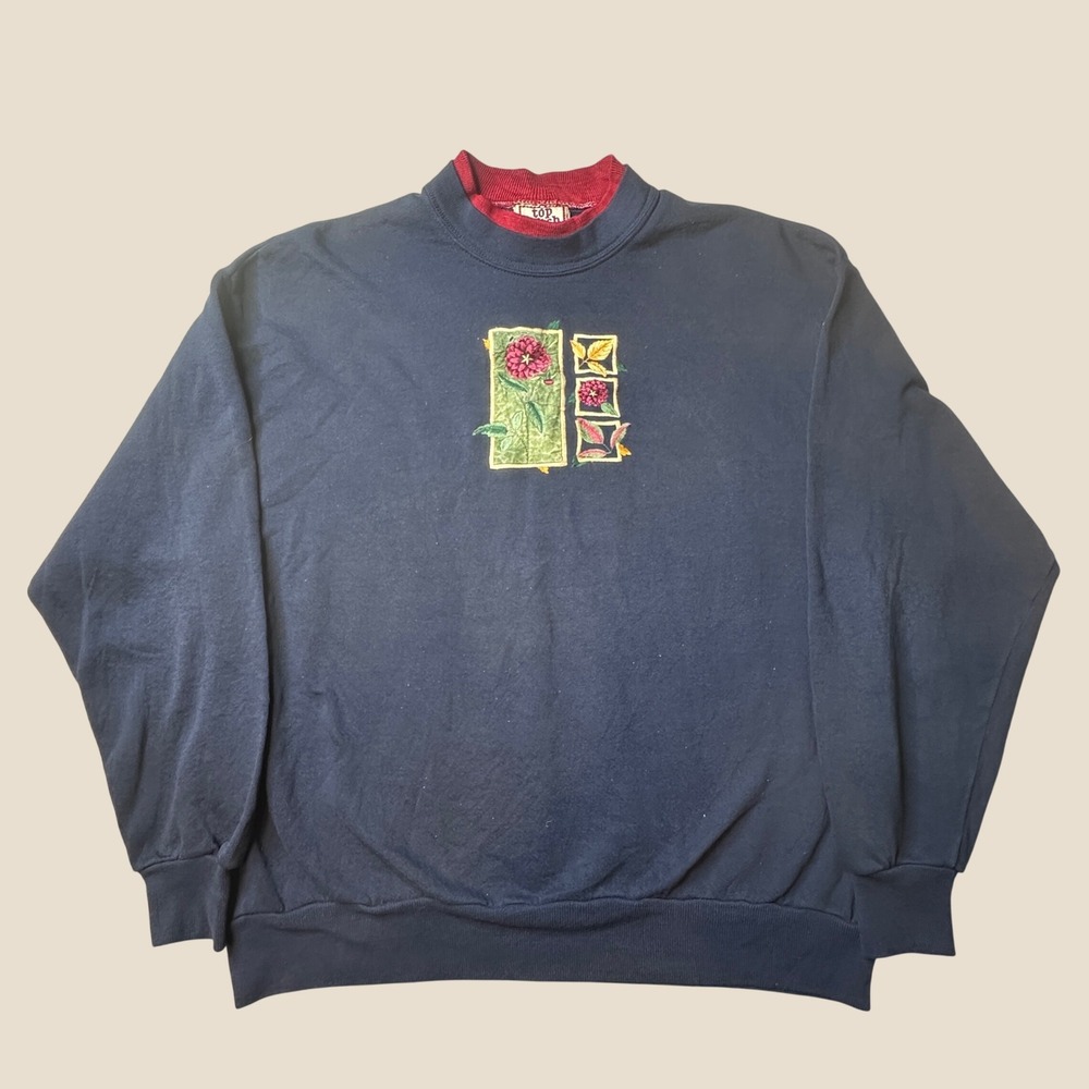 Top Stitch Sweatshirt Womens XL Morning Sun Navy Blue Floral Embroidered Patch